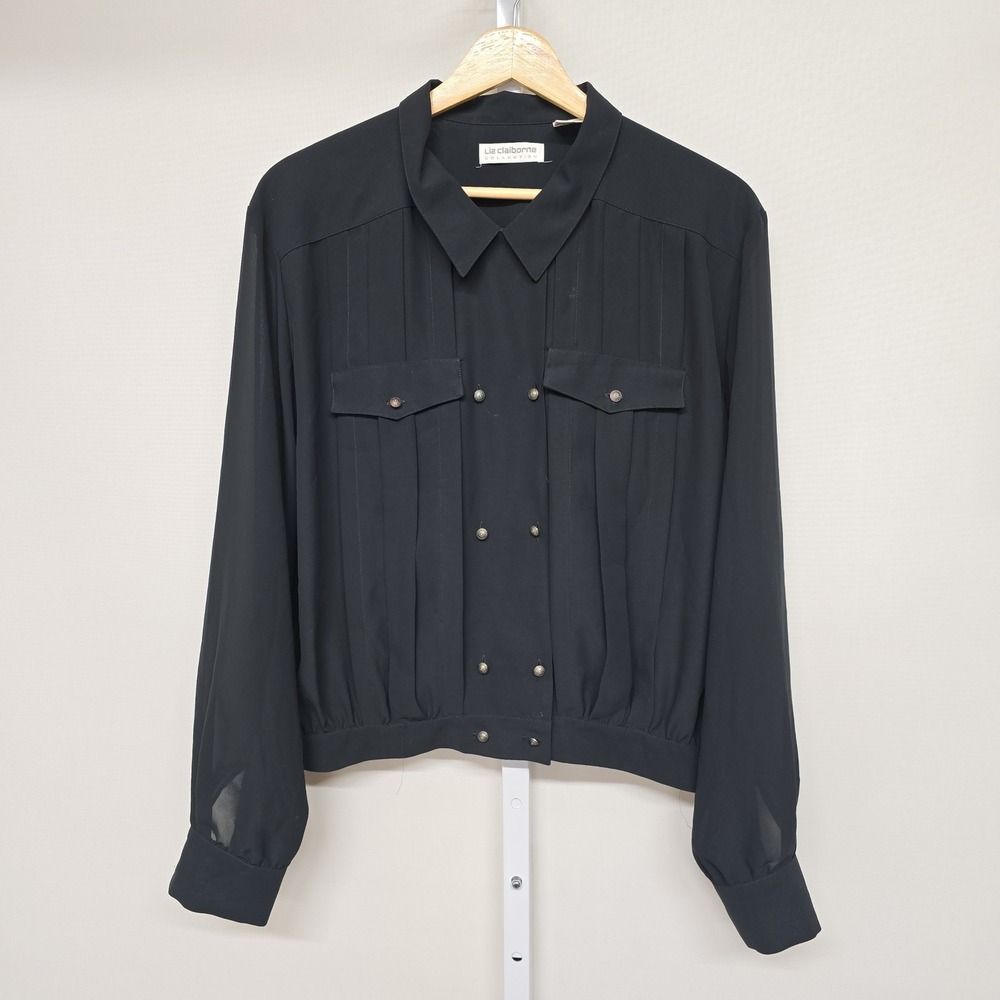 Vintage Liz Claiborne Collection Black Pleated Button Front Blouse Shirt Size 14